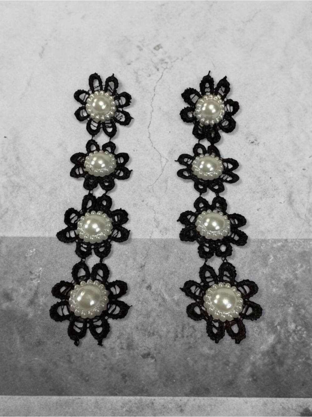 Vintage Handmade Plastic Pearl Floral Crocheted Drop Earrings